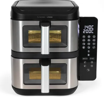 A stacked double air fryer with a digital control panel.