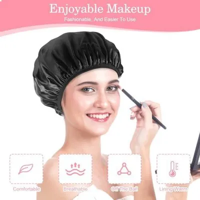 Imagen del producto de Gorro de ducha reutilizable de tres capas para mujer, con forro de felpa, gorro impermeable de gran tamaño para cabello largo y grueso, color