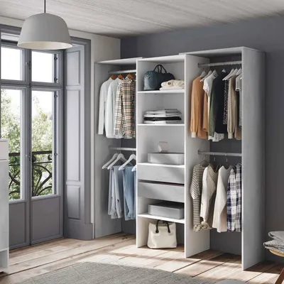 Produktbild von Garderobe Miramar, Struktur für begehbaren Kleiderschrank, Offener Kleiderschrank ohne Türen, Begehbarer Kleiderschrank, 179x50h202 cm, Weiß und Zement
