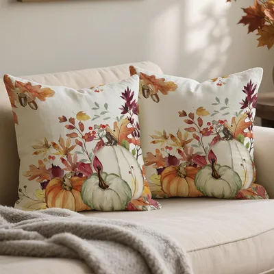 Zdjęcie produktu dla Poszewki na poduszki, motyw jesienny, 40x40 cm, dynie i liście, zestaw 2 sztuk, poliester
