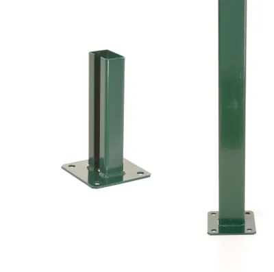Two green metal fence post bases are shown against a white background. One is in the foreground on the right, and the other is in the mid-ground on the left.