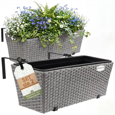 Image de 2x Bac à fleurs 11 litres support de montage intérieur extérieur jardinière pot de fleurs décoration balcon terrasse gris