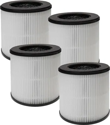 Four cylindrical air filters are arranged in a staggered pattern against a white background.