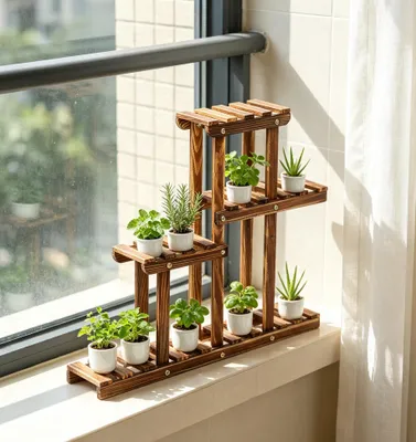 Immagine prodotto di FATIVO, scaletta in legno per piante, 4 livelli, 58x11,5x50 cm, supporto per piante di piccole dimensioni, ideale per vasi piccoli