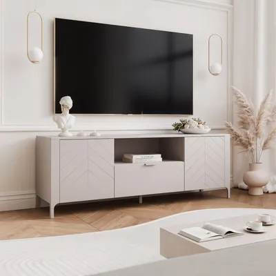 Produktbild von IDOHOME-TV-Schrank LORIEN 160 cm TV-Lowboard Kaschmir Lowboard TV-Möbel mit Metallbeine Fernsehschrank mit Metallgriffe Soft-Close Fischgrätenmuster