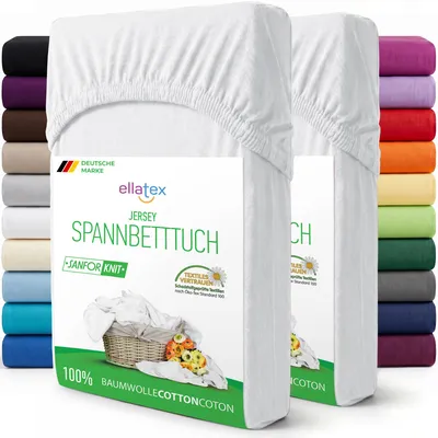 Produktbild von EllaTex 2er Pack Jersey Spannbettlaken 140x200–160x200 Baumwolle – atmungsaktive Spannbetttücher im Set, Farbe: Weiß