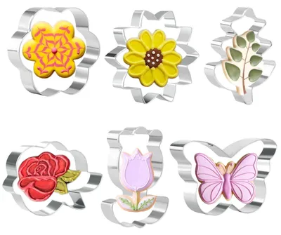 Produktbild von Ausstechformen Frühling 6 Stück Edelstahl Tulpe Blatt Blume Sonnenblume Rose Schmetterling