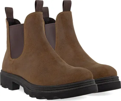 A pair of brown leather Chelsea boots with a thick black sole.
