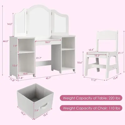 Produktbild von Kinder Schminktisch Set - Prinzessin Frisiertisch mit Stuhl - Dreifach klappbarer Spiegel - 2 Schubladen Stauraum - Holz 113x30x108 cm - Weiß
