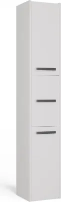 A tall, white cabinet with three doors, each with a silver handle.