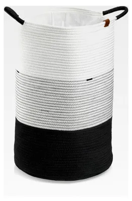 Produktbild von Geflochtener Wäschekorb mit Stoffeinsatz, Wäschesack in Schwarz-Weiß, Wäschesammler 40 x 57 cm