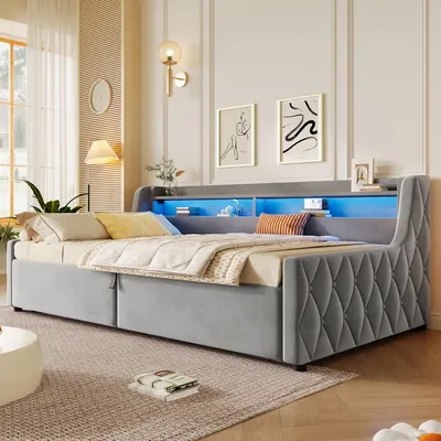 Produktbild von 90x200cm Samt Plattformbett mit hydraulischem Stauraum & LED-Beleuchtung Grau
