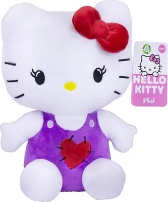 A plush toy of Hello Kitty sitting down, wearing a purple dress with a red heart on it. A product tag is visible to the right of the toy.