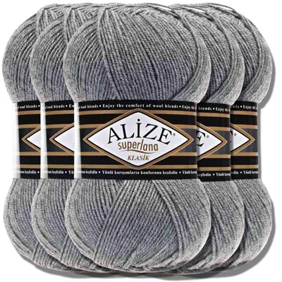 Produktbild von Alize 5x 100g Superlana Klasik Wolle, Uni, Häkeln, Stricken (Grey Melange | 21)