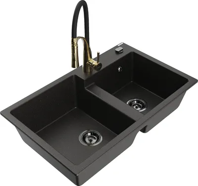 Immagine prodotto di Mexen Tomas lavello da cucina in granito con 2 vasche e miscelatore Aster, nero/oro metallizzato - 6516-75-73450-57-B