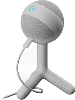 A white Logitech G Yeti Orb table microphone on a white background.