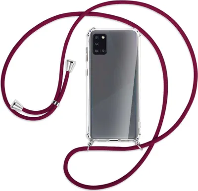 Produktbild von Handykette Backcover-Schutzhülle mit Band (Metall silberfarben) für Samsung Galaxy A31 - dunkelrot