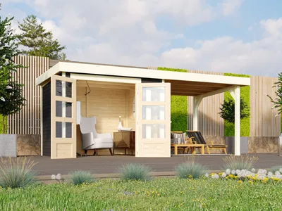 Produktbild von Karibu Gartenhaus Gerätehaus Kerko 3 im Set mit Anbaudach 2,40 m Breite terragrau 462x217x211 cm