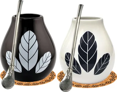 Produktbild von Mate-Tee becher Set für zwei ● Keramik yerba mate tee tasse Hoja Kalebasse Becher 350ml ● Stahl Trinkhalm Bombilla ● Korkpad ● Starter kit for two