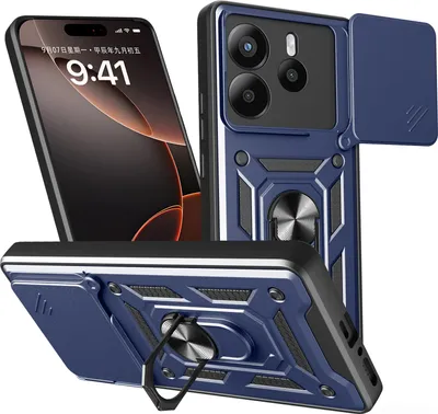 A blue protective phone case with a camera cover and ring holder is displayed alongside a smartphone.