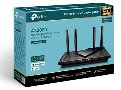 Produktbild von TP-Link Archer AX55 Pro, Wi-Fi 6 (802.11ax), Dual-Band (2,4 GHz/5 GHz), Ethernet/LAN, Schwarz, Desktop-/Pol-Router