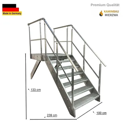Produktbild von Podesttreppe Wangen- Stahltreppe 7 Stufen Höhe 133cm inklusive Podest 100x100cm mit Geländer verzinkt Ausrichtung Treppe Vorne (Front) Aussentreppe