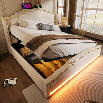Produktbild von okwish Polsterbett, Doppelbett, Jugendbett,140x200cm, Stauraumbett mit hydraulischem Stauraum, LED-Beleuchtung und USB-C Ladeanschluss,mit Lattenrost, Samt, ohne Matratze,Beige