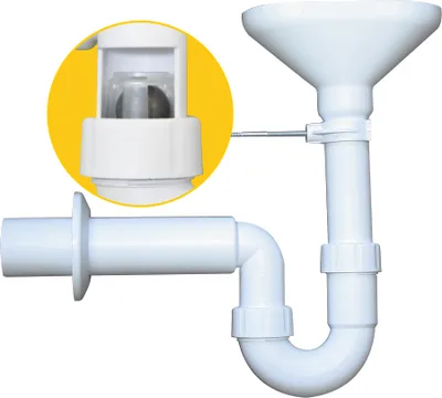 A white plastic plumbing siphon with a funnel and a close-up detail of a ball valve mechanism.