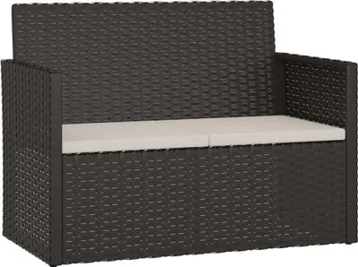 A dark brown poly rattan garden bench with beige cushions, shown from the front against a white background.