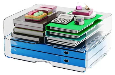 Image de Panier de rangement transparent empilable pour documents A4 - Organisateur de bureau et classeur