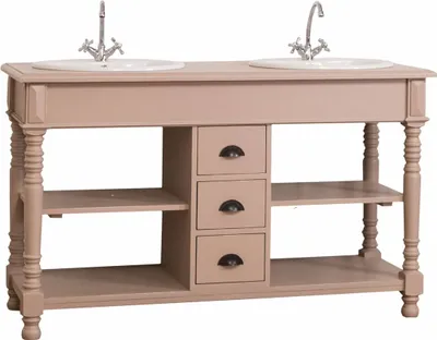 Landhausstil Massivholz Doppel Waschtisch mit 2 Waschbecken Hellbraun