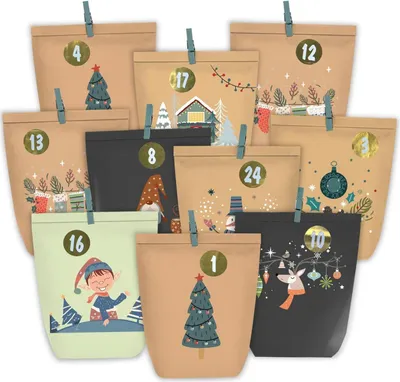Obrázok produktu pre Papierové vrecká adventný kalendár na vyplnenie, 24 vianočných kalendárov so samolepkami, DIY darčekové vrecká hnedé čierne