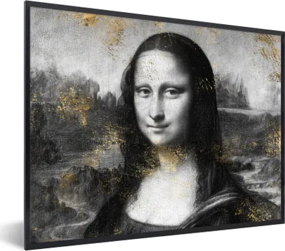 Produktbild von MuchoWow® Gerahmtes Poster Mona Lisa - Leonardo da Vinci - Schwarz - Weiß - Gold 80x60 cm - Poster mit Schwarzem Bilderrahmen Wandposter Rahmen Foto Bilder - Schwarzem - Mit Gestell