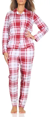Produktbild von Normann Damen Pyjama aus Single Jersey zum durchknöpfen in Karo Optik - auch in Übergröße ; rot , 36