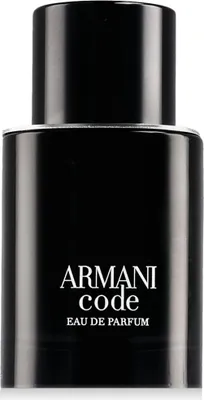 A studio shot of a black bottle of Armani Code Eau de Parfum.