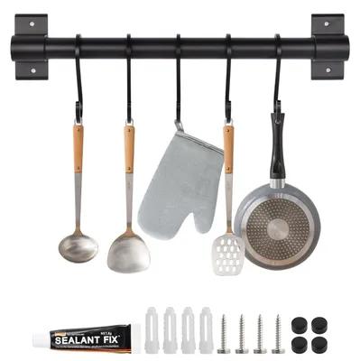 Immagine prodotto di Gancio a parete da 30 cm - Scaffale a parete con 5 ganci - Montaggio a parete - Colore nero - Alluminio - Salvaspazio - Resistente