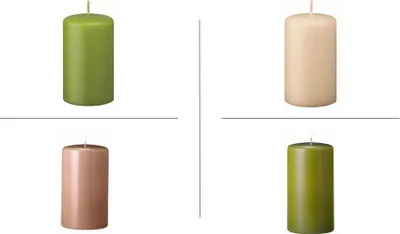 Produktbild von Stumpenkerzen Farbsystem E in der Größe 120/60 mm (H x D), 16 Stück (je 4 Kerzen in der Farbe vanilla - nougat - limonengrün - scottish green)