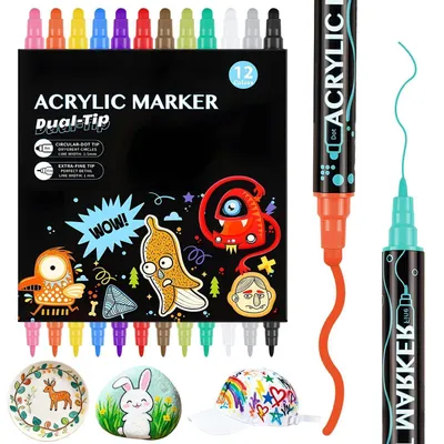 Image de Stylos à peinture acrylique, 12 couleurs, résistants à l'eau, double embout (1-5 mm), pour pierres, verre, bois, tissu, idéal pour les travaux manuels, ensemble multicolore