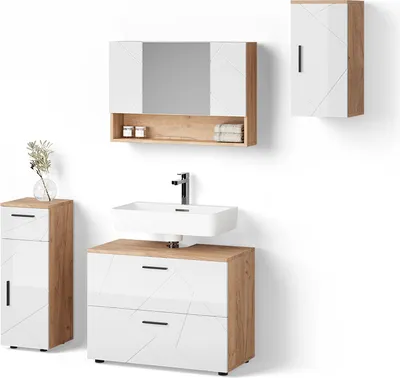 Produktbild von Badmöbel-Set Livinity Ronco Weiß Hochglanz/Goldkraft Eiche 4 Teile, Model 52841