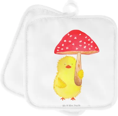 Produktbild von Mr. & Mrs. Panda Topflappen Küken Fliegenpilz - Weiß - Geschenk, Set, Frohe Ostern, Glückspilz, Topfuntersetzer, Topflappenset, Kochlappen, Ostergrüße, topfhalter