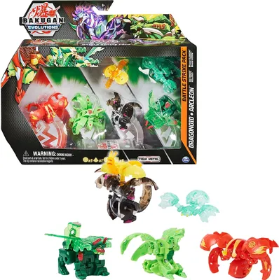 A product shot of a Bakugan Evolutions Battle Strike Pack toy set, with the packaging and individual toys displayed.