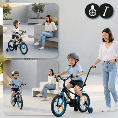 Produktbild von Sun Baby Tracker Bike Kinderfahrrad Jungen Fahrrad Stützräder Schubstange 16 Zoll neon blau