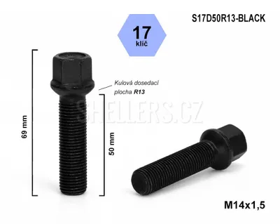 Obrázok produktu pre Skrutka kolesa M14x1,5x50 guľová skrutka R13, kľúč 17, S17D50R13-BLACK, čierna, výška 69 mm