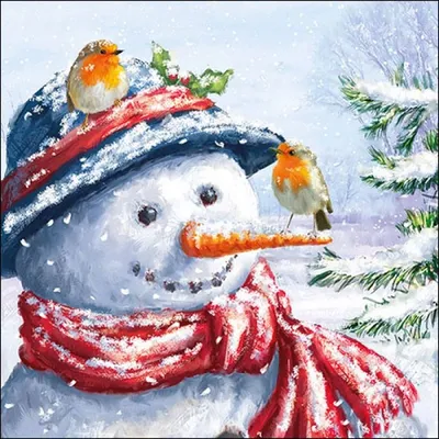Produktbild von 20 Papierservietten: "Snowman and Friends", Schneemann mit Rotkehlchen