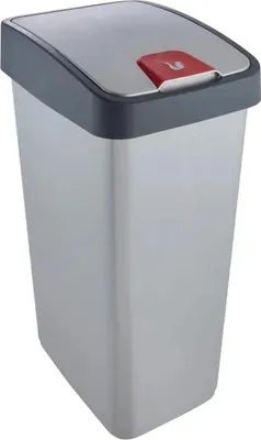 A silver and gray trash can with a red button on the lid, shown against a white background.