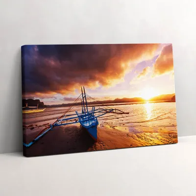 Produktbild von Boot über dem Wasser und Sonnenuntergang – Leinwandbild Wandbild – 30x20 cm – Leinwandbilder – Wandbilder – Schlafzimmer – Flur