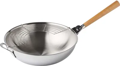 Image de Mastrad OWok Gourmet Wok, poêle à wok, poêle à frire, plat à wok, acier inoxydable, argent, 32 cm, F63800