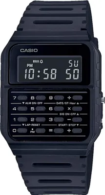 A black Casio digital watch with a calculator function.