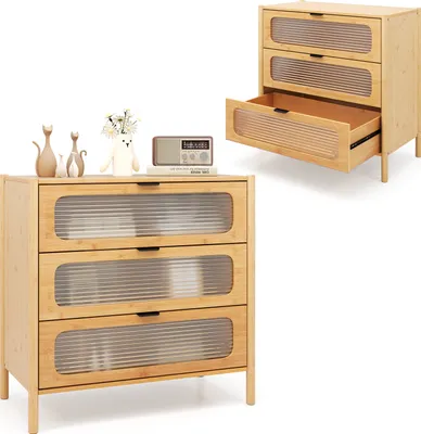 Zdjęcie produktu dla Komoda COSTWAY z 3 szufladami, nowoczesna szafka z szufladami w stylu "mid-century" z żebrowanym frontem ze szkła hartowanego, dekoracyjna szafka z naturalnego bambusa