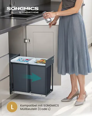 Produktbild von SONGMICS Mülleimer küche, Mülltrennsystem für Unterschrank, 2 x 15 L, Abfalleimer 2 Fächer, ausziehbar, Stahlrahmen, ABS-Deckel, grau